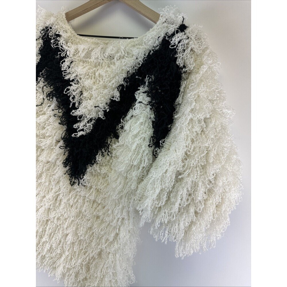 Le Chois Fringe Knit Sweater 3/4 Sleeves White Black Vintage Pullover Womens Med - Picture 2 of 11